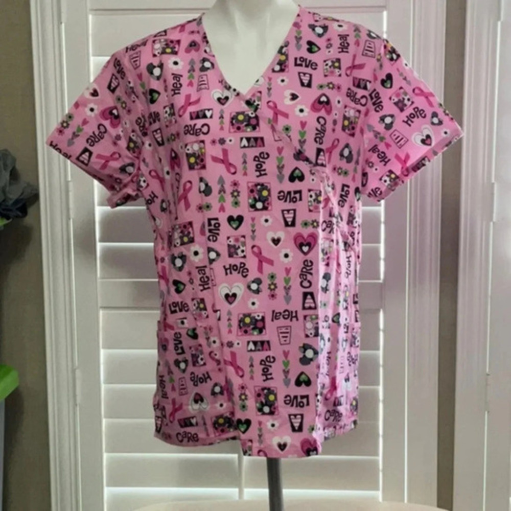 SB Scrubs Pink Breast Cancer Awareness Print V-Neck Scrub Top